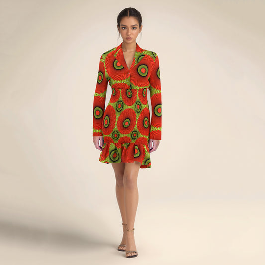 African Print Long Sleeve Shirt Collar Smocked Waist Dress
