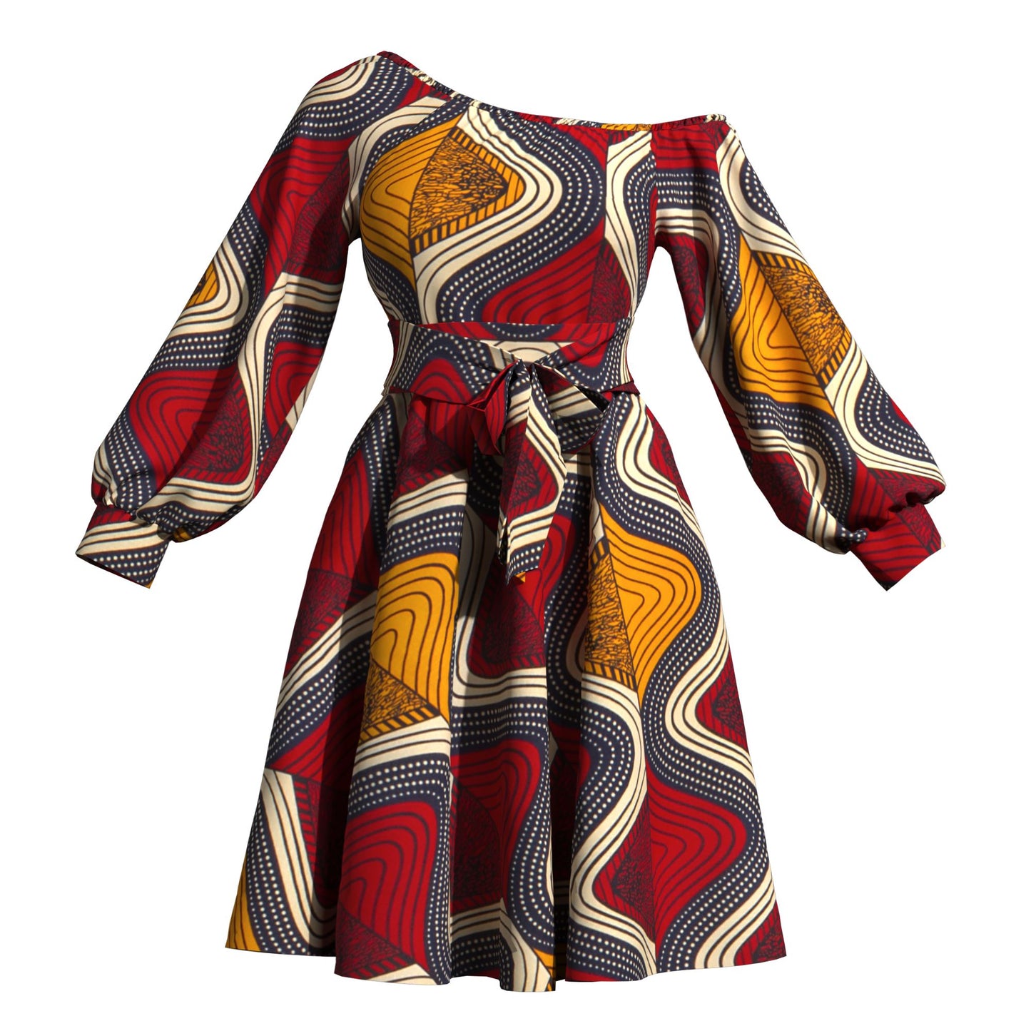 Classic African Wax Print Asymmetrical Dress, Paired with Same-Print Belt