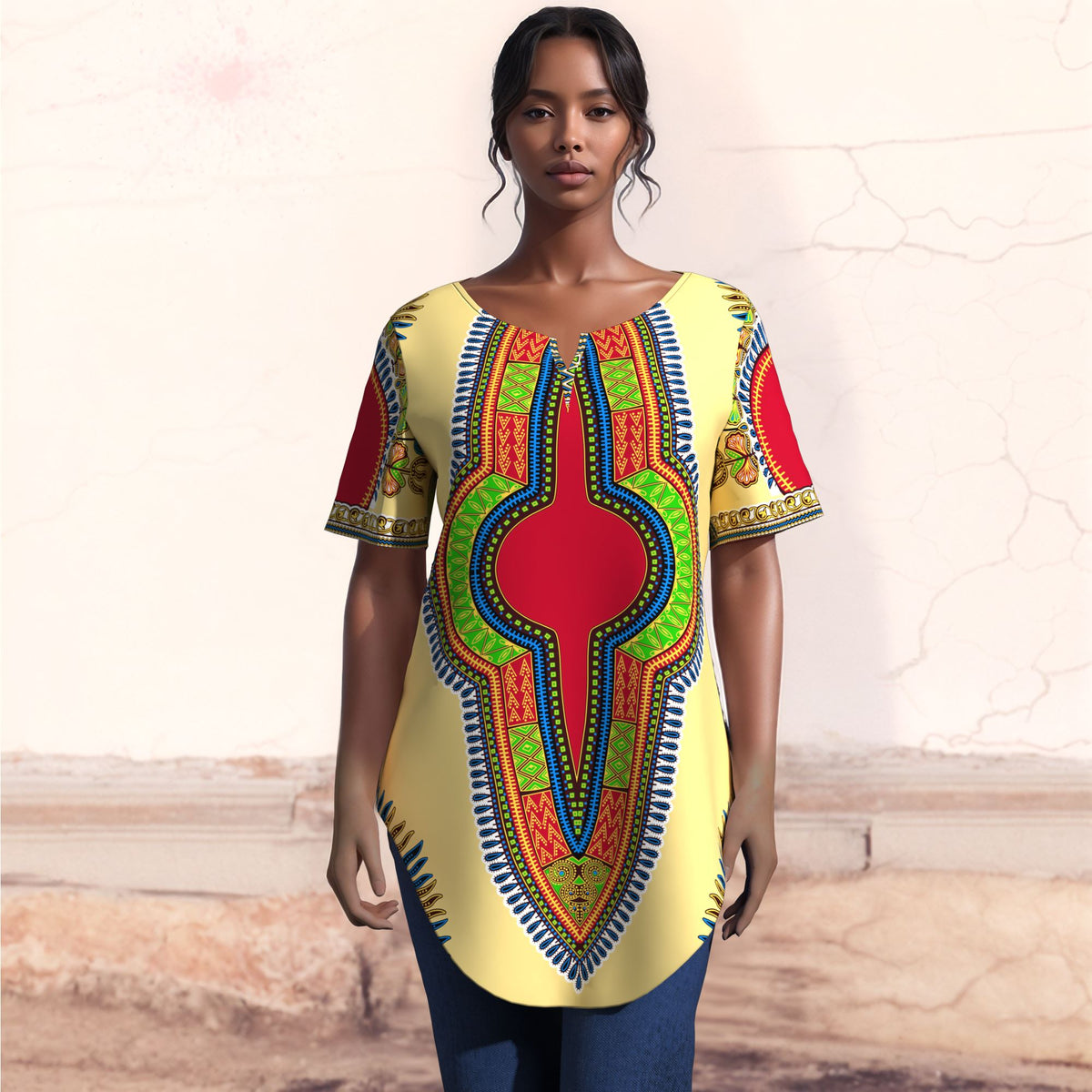 African JAVA Print Dashiki Tunic Top, Women Short Sleeve V‑Neck Curved Hem Loose Blouse WY10632
