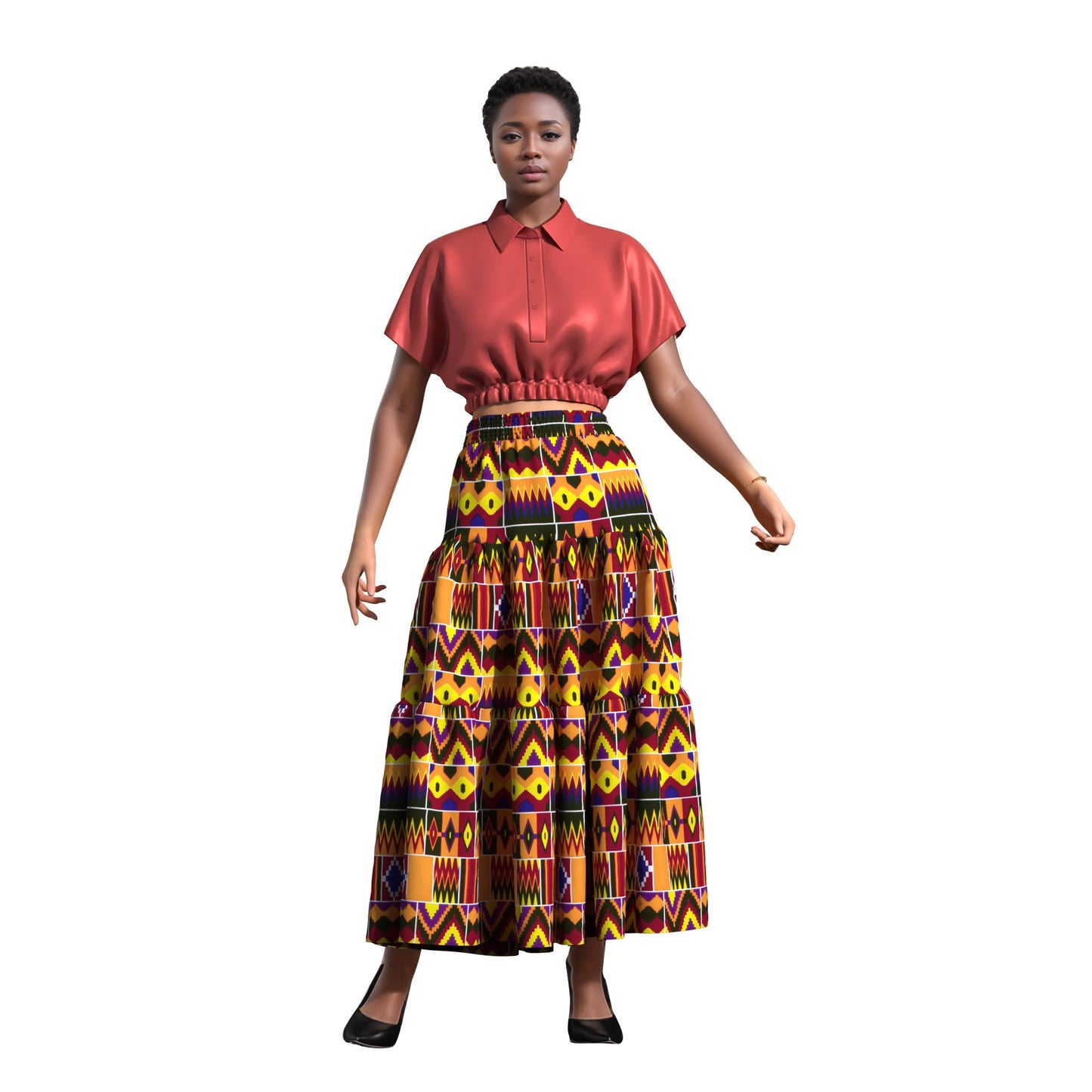 Ankara Print High Waist Tiered Ruffle Maxi Skirt