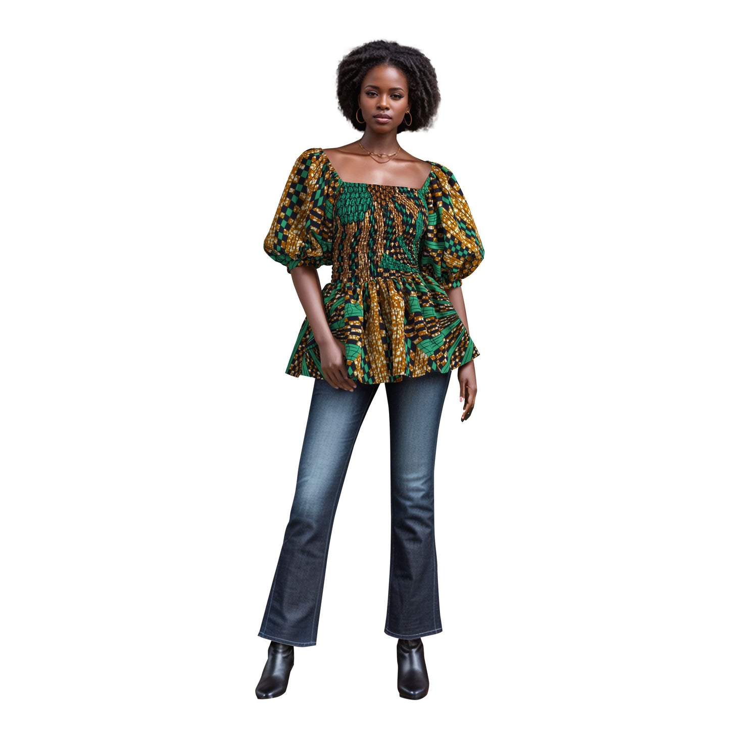 Tropical Wave African Print Puff Sleeve Peplum Blouse – Bold Colorful Ankara Top