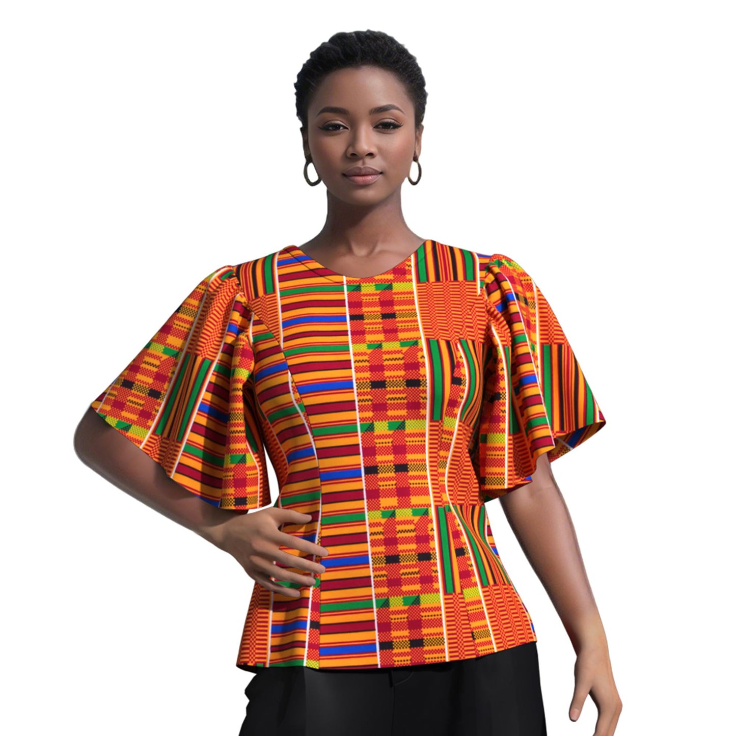 African Print Fitted Waist Flounce Sleeve Top