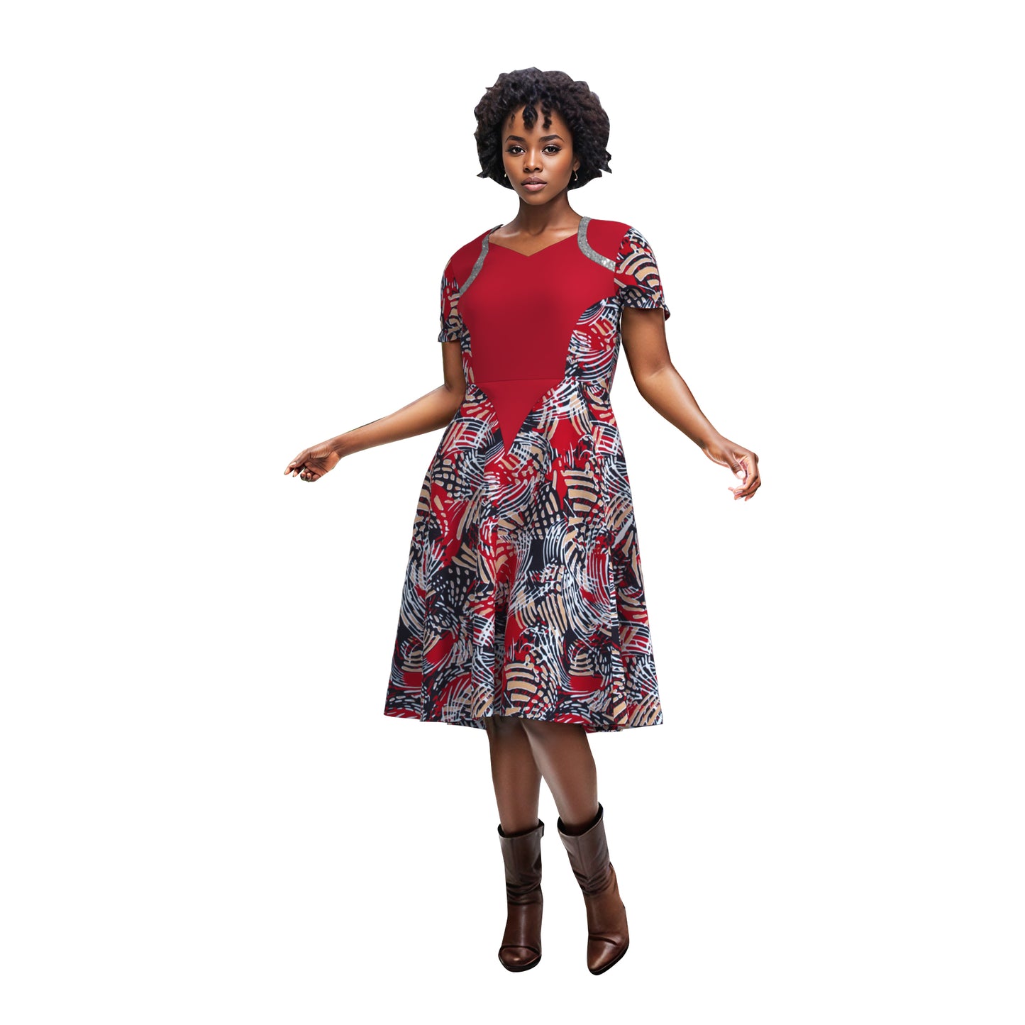 Women's African Ankara Print V-Neck Midi Dress | High-End Patchwork Party Dress