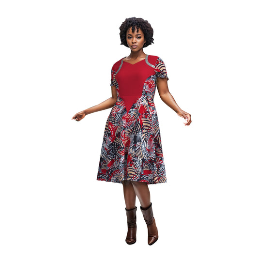 Women's African Ankara Print V-Neck Midi Dress | High-End Patchwork Party Dress