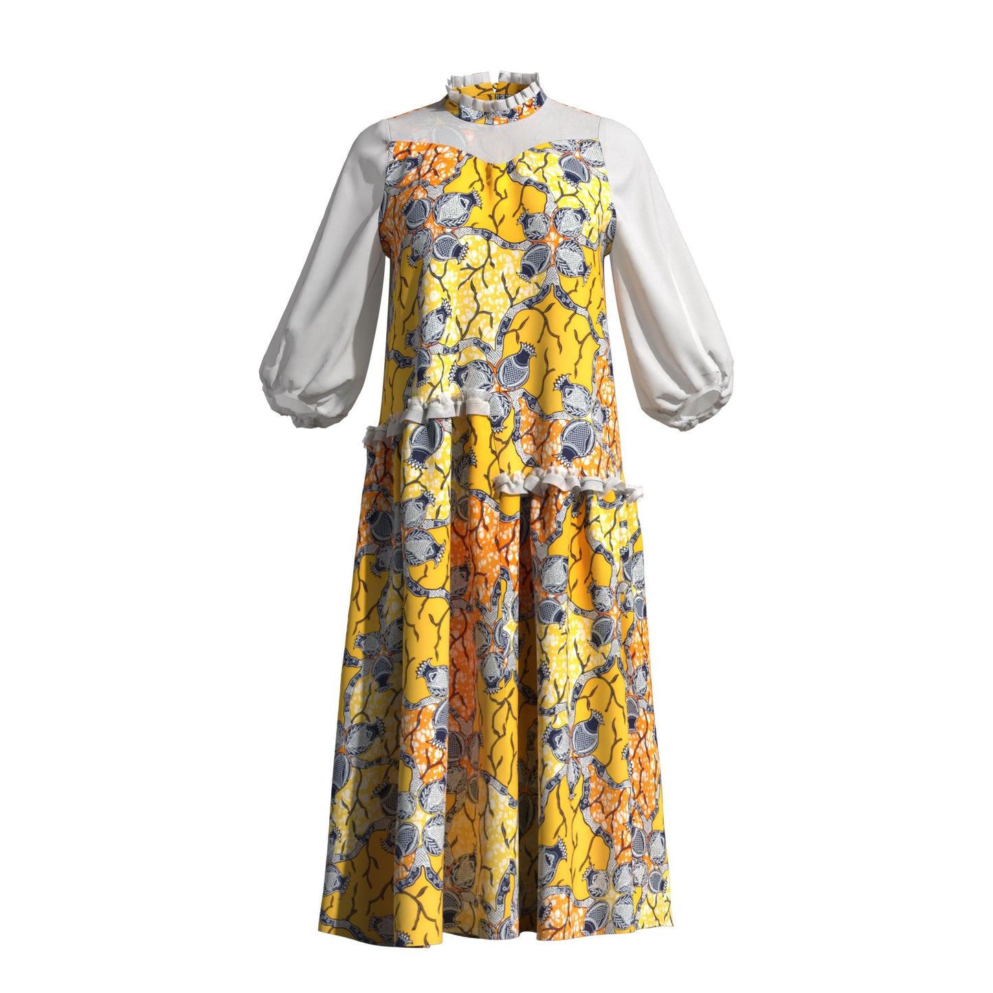 African Fabric Sheer Mesh Ruffle Collar Tiered Swing Midi Dress