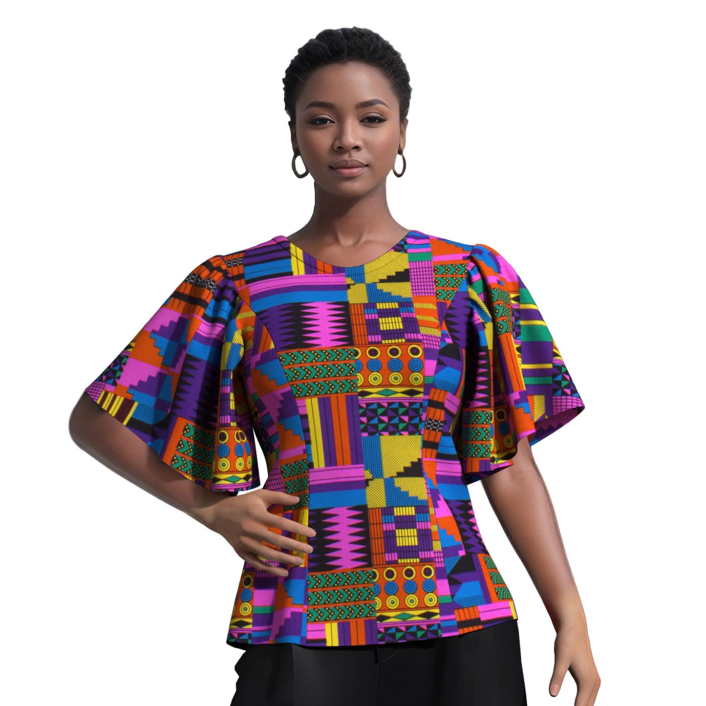 African Print Fitted Waist Flounce Sleeve Top