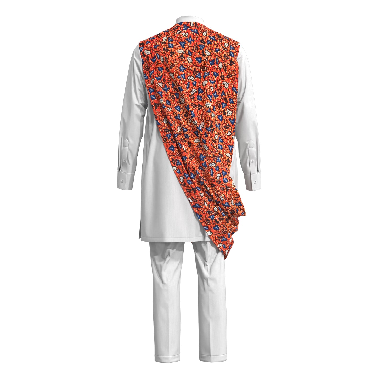 Stylish Men Matching Trousers Outfit, Suit Fabric Top with African Printed Drape Detail