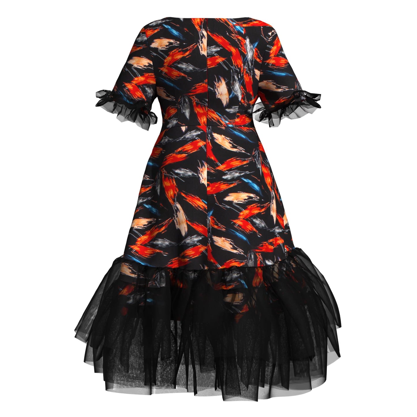 Kente Print Tiered Tulle Midi Dress – Short Sleeve Ankara Dress with Sheer Trim