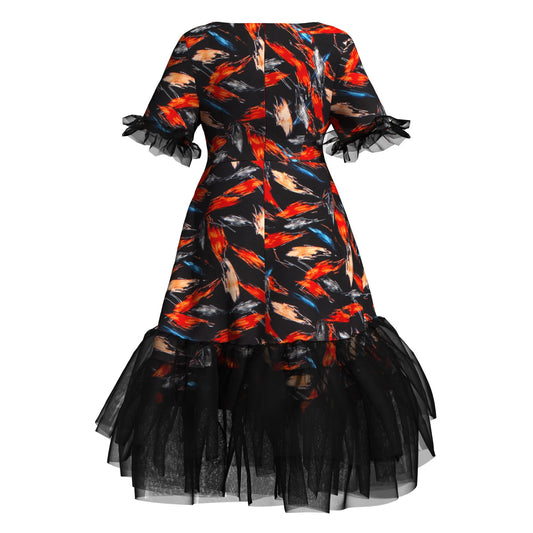 Kente Print Tiered Tulle Midi Dress – Short Sleeve Ankara Dress with Sheer Trim