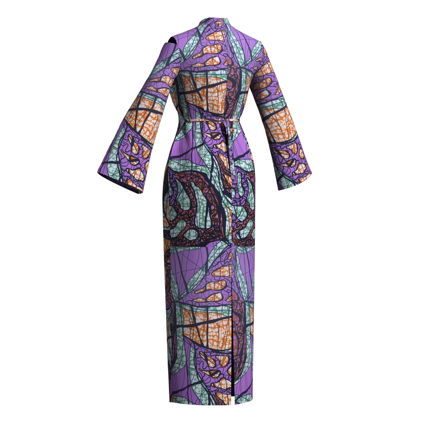 Ladies Kente Geometric Wax Print Long Dress High Neck Bell Sleeve Slim African Party Gown