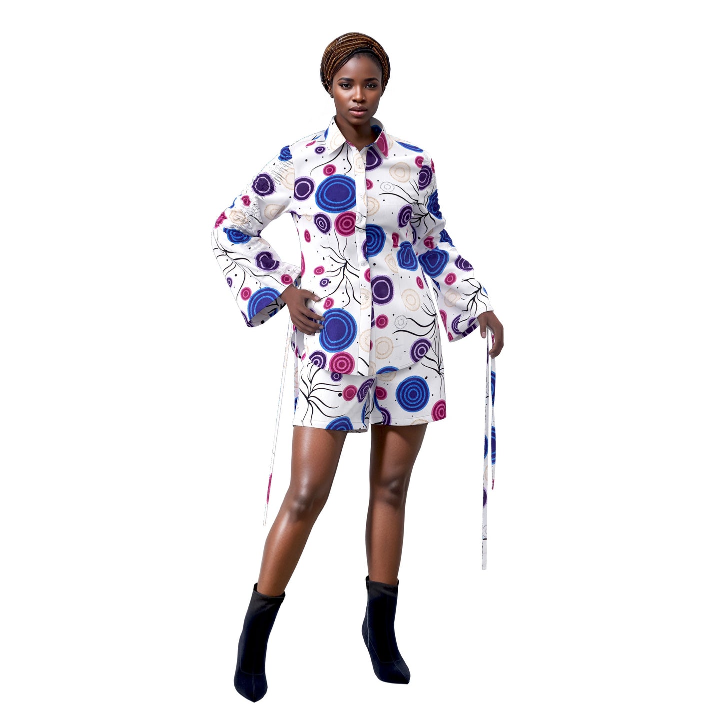 African Print Smocked Sleeve Shirt & Shorts Two-Piece Set
