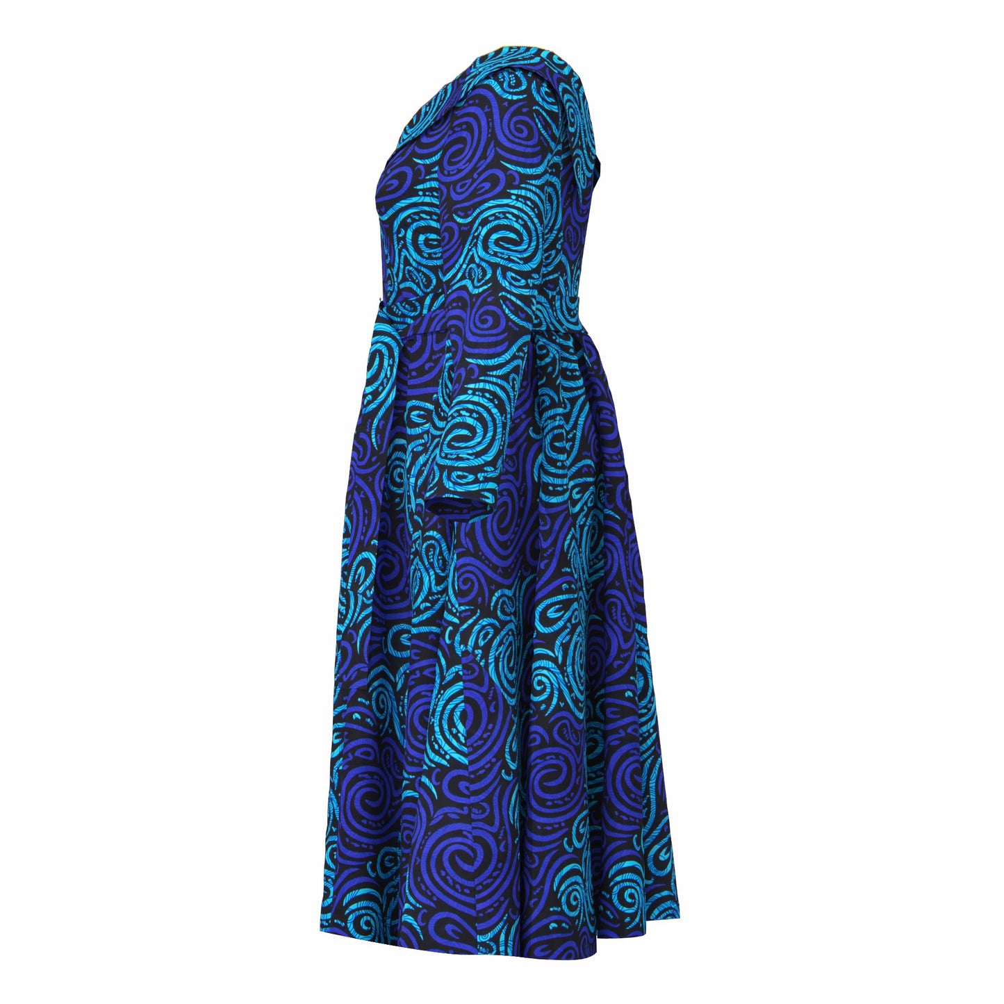 V-Neck Long Sleeve African Print Midi Dress with Tie Waist Belt