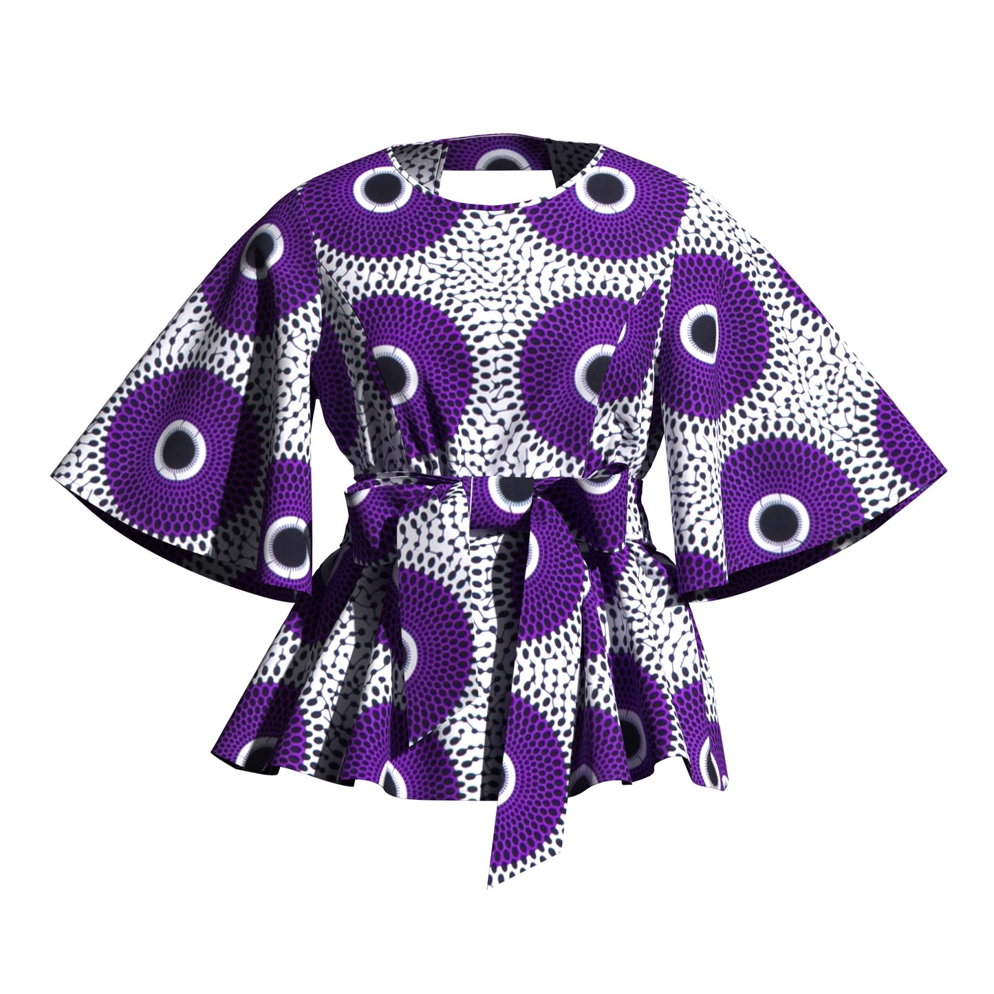 African Print Flare Sleeve Peplum Blouse with Waist Sash