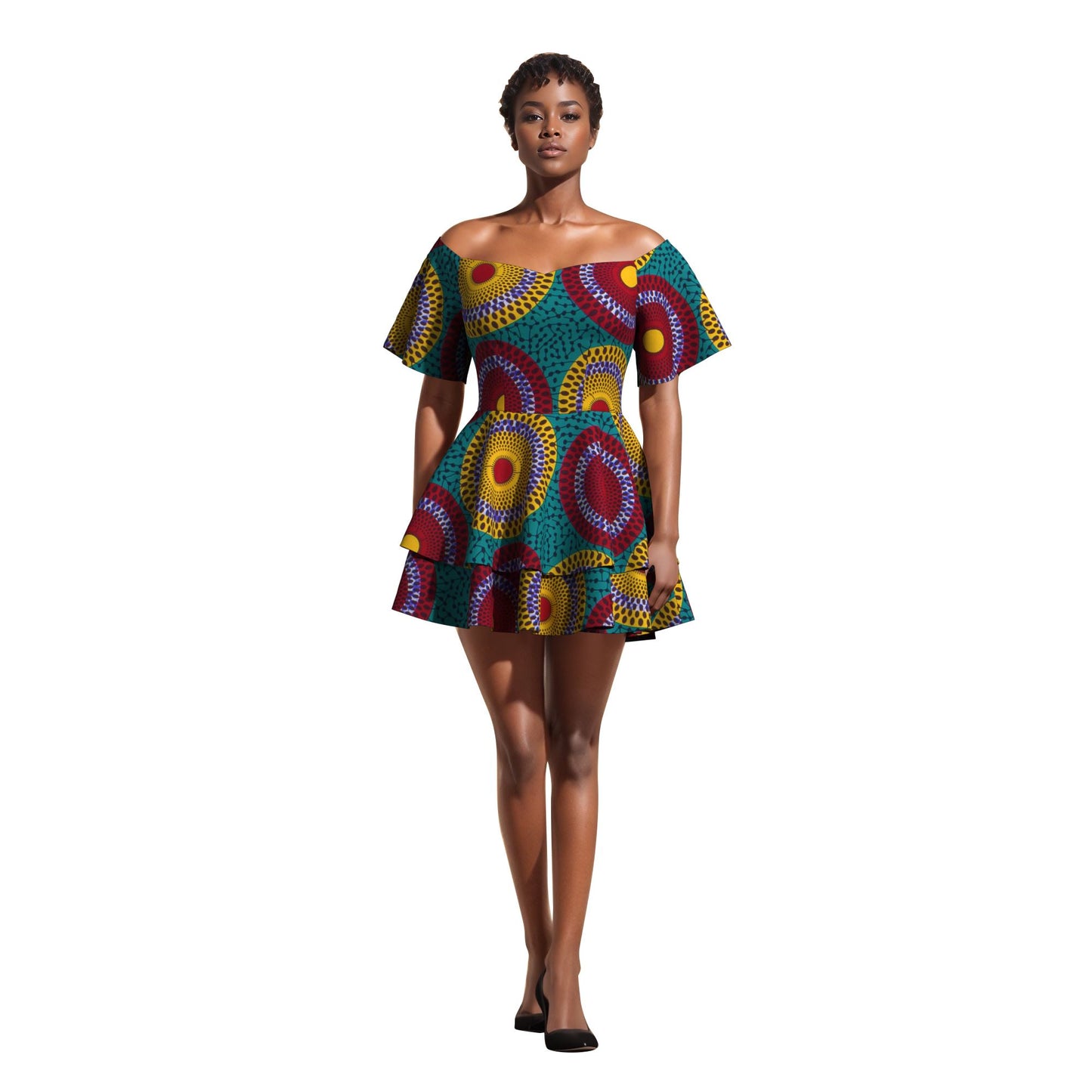African Print Flowy Off-Shoulder Tiered Mini Dress for Women