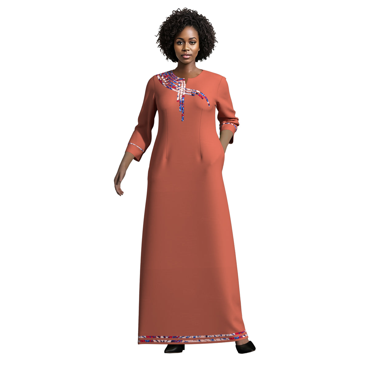 Elegant Solid Maxi Dress for Black Women, Ankara Print Splicing on Chest & Cuffs WY10572