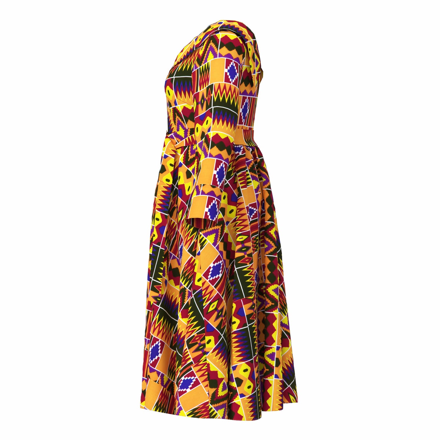 V-Neck Long Sleeve African Print Midi Dress with Tie Waist Belt