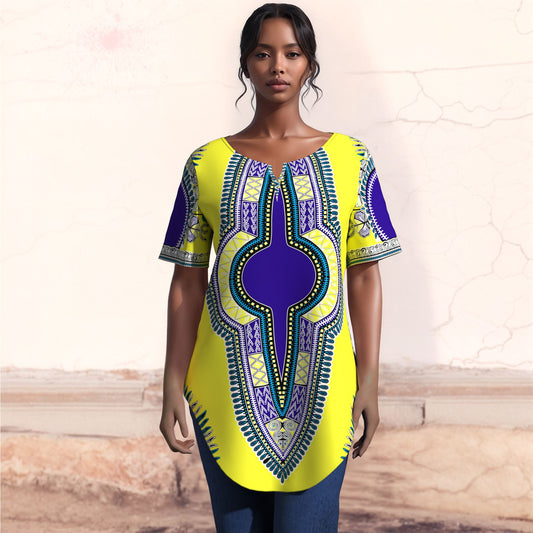 African JAVA Print Dashiki Tunic Top, Women Short Sleeve V‑Neck Curved Hem Loose Blouse WY10632