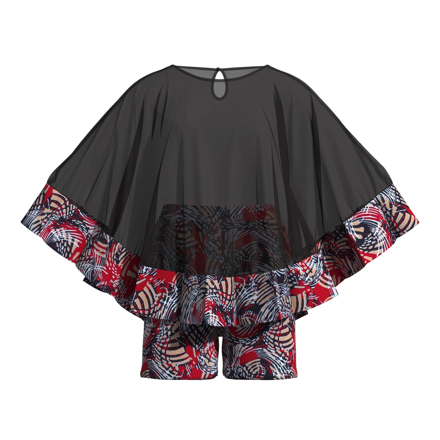 African Print Chiffon Cape Top & Shorts Two-Piece Set