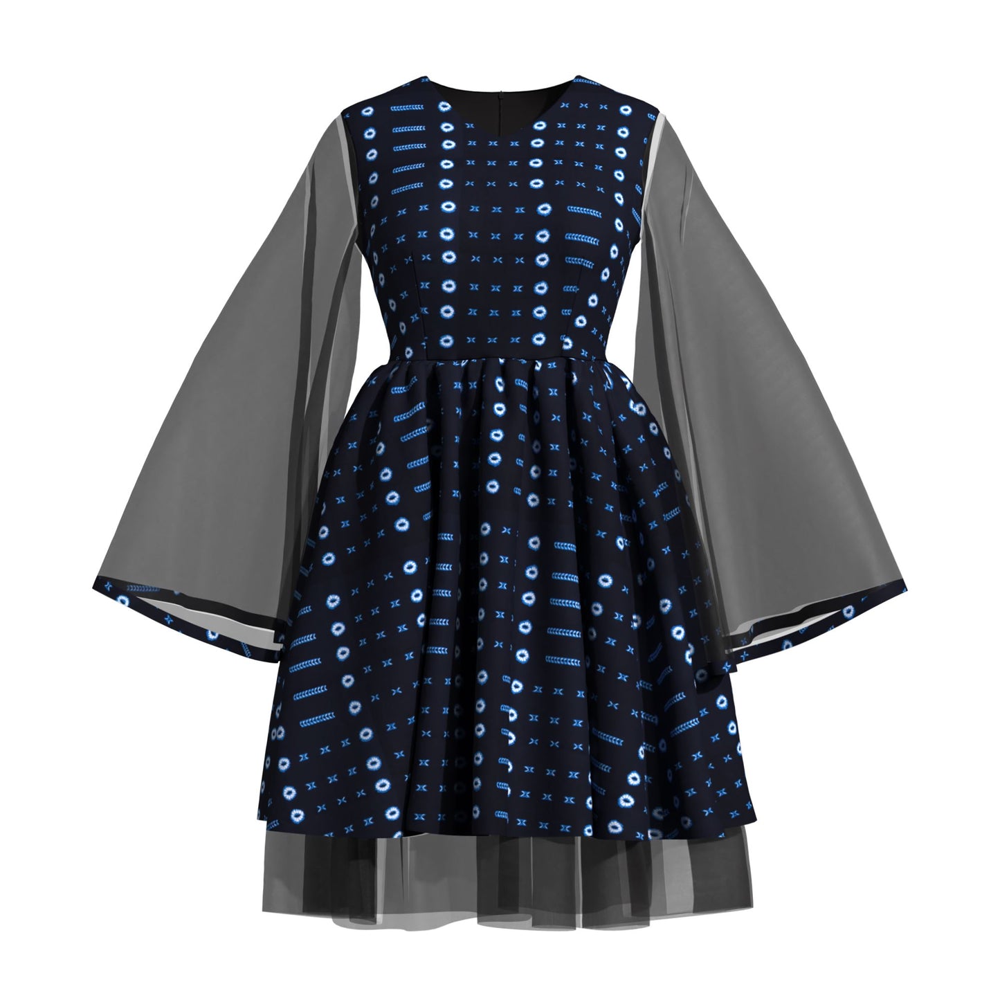 Ethnic African Floral Print Sheer Mesh Flare Sleeve Dress