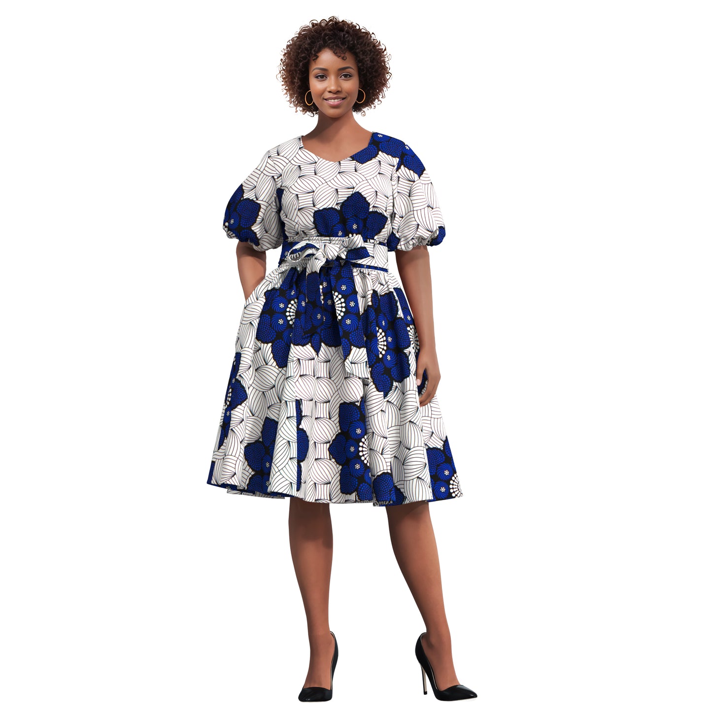 African Print Smocked Waist A-Line Midi Dress with Belt