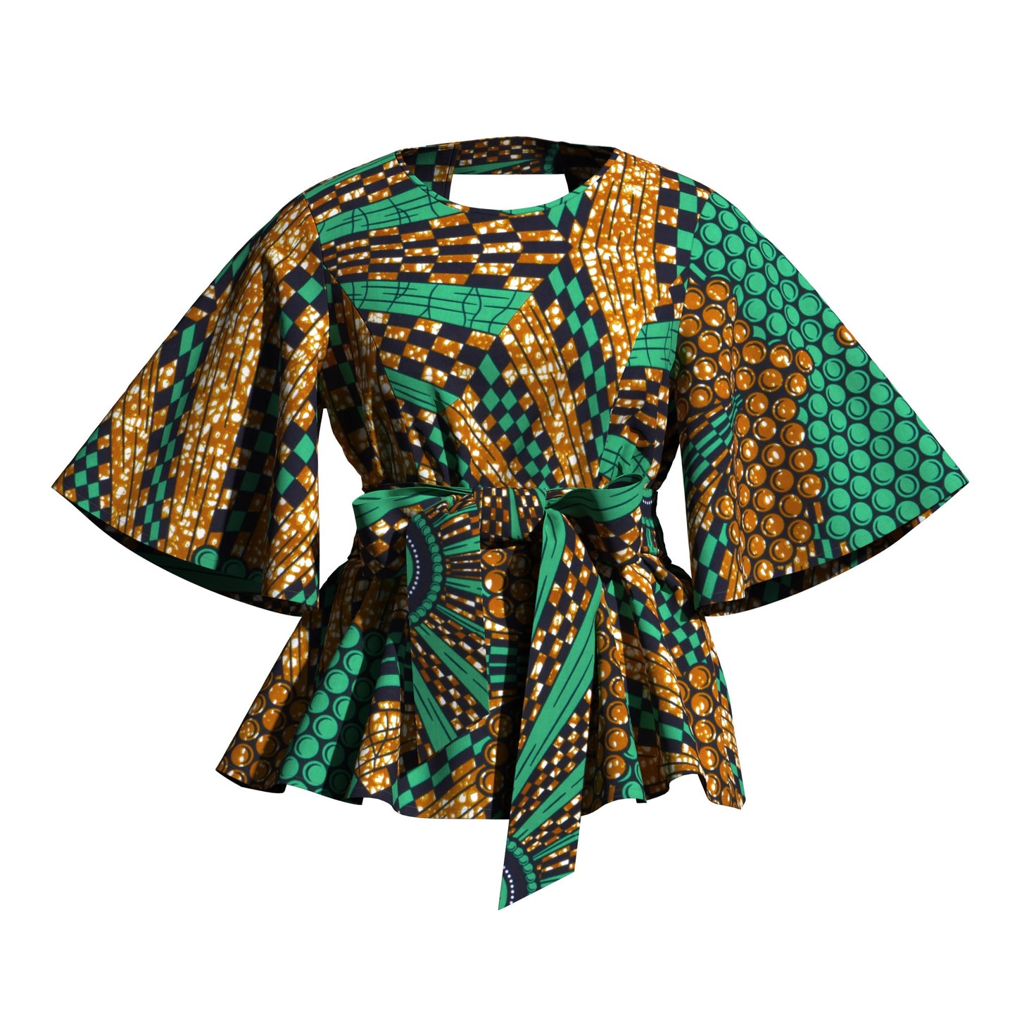 African Print Flare Sleeve Peplum Blouse with Waist Sash