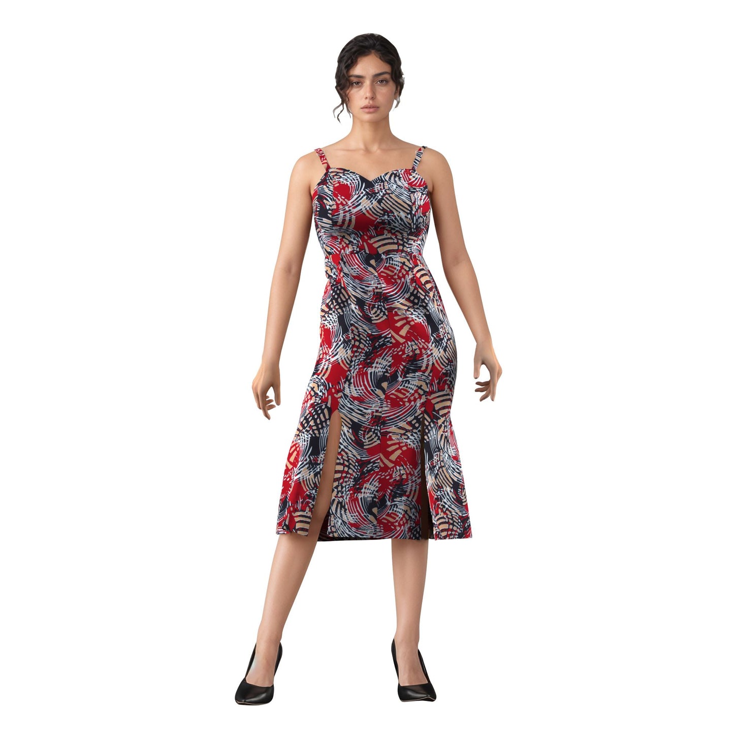 Ankara Print Sweetheart Neck Bodycon Midi Dress with Slit