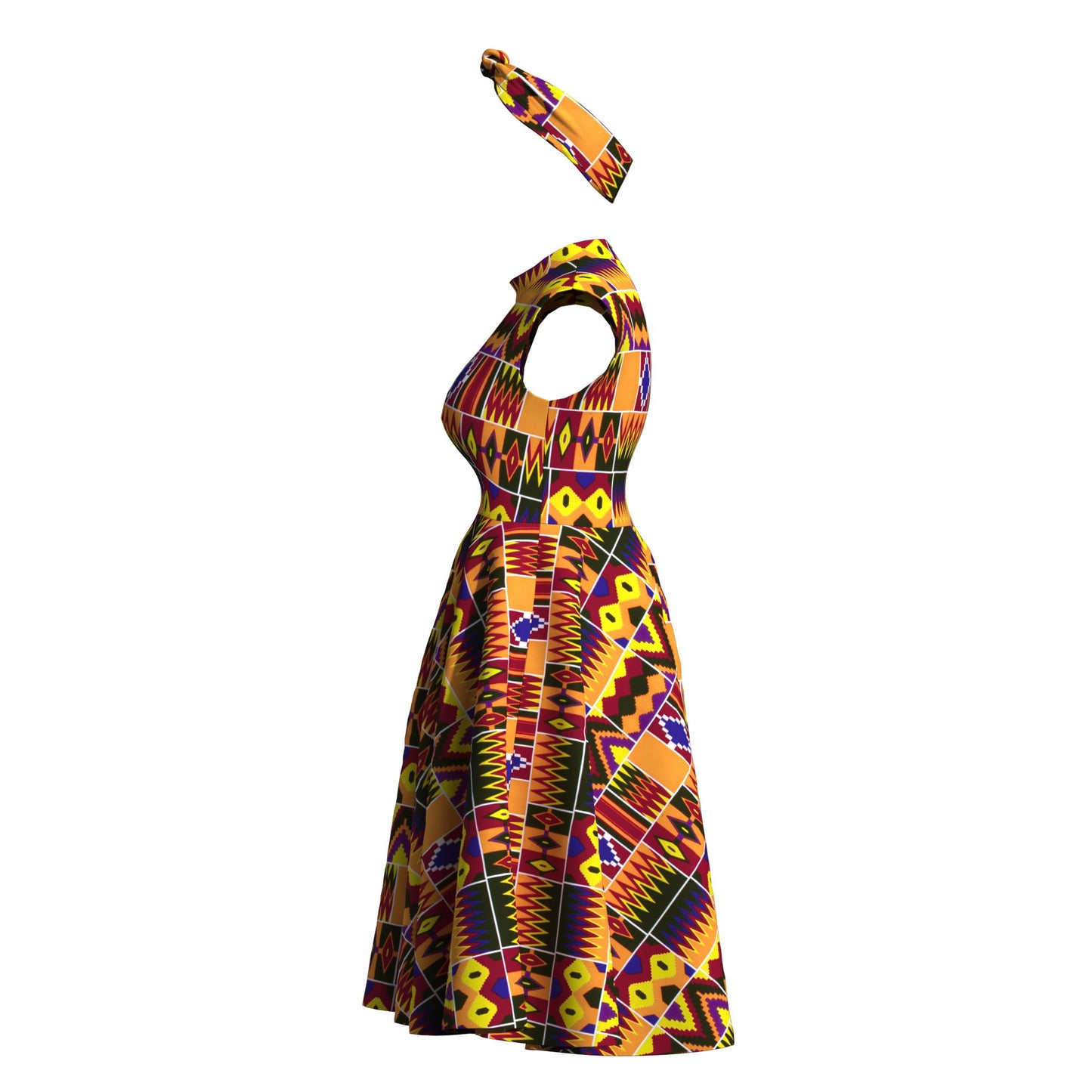 Ankara Print High Neck Sleeveless Midi Dress with Headband