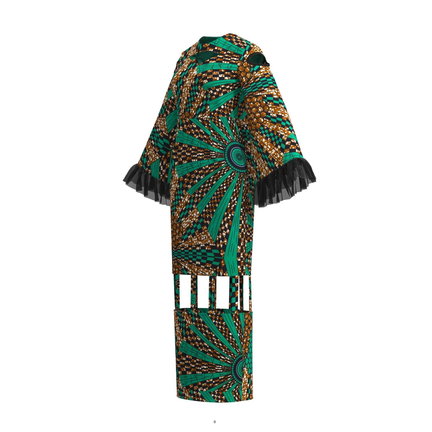 African Ankara Print Cutout Maxi Dress with Sheer Ruffle Cuffs