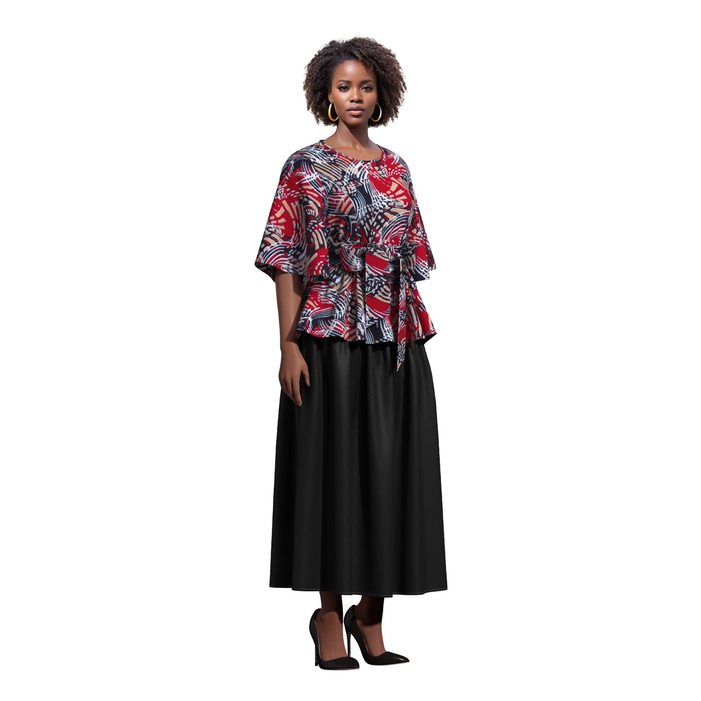 African Print Flare Sleeve Peplum Blouse with Waist Sash