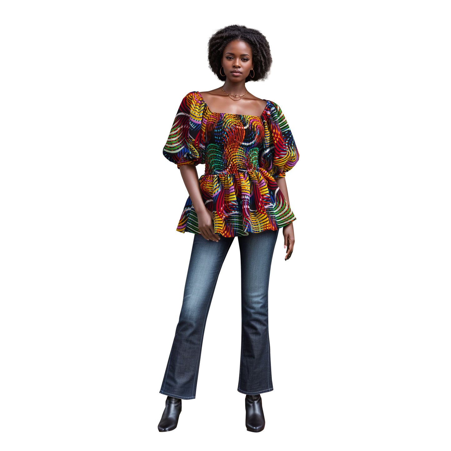 Tropical Wave African Print Puff Sleeve Peplum Blouse – Bold Colorful Ankara Top