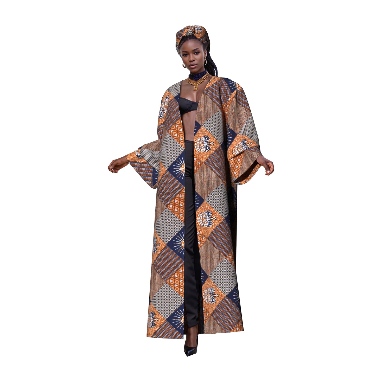 African Women All Over Cultural Print Loose Long Open Front Outerwear Matching Printed Head Wrap Set