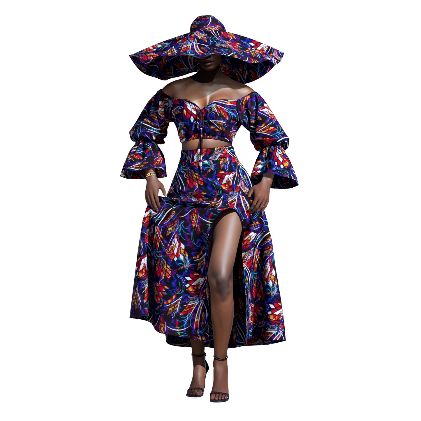 Vibrant African Wax Print Off-Shoulder Skirt Set with Wide Brim Hat – Afrocentric Circular Print Outfit