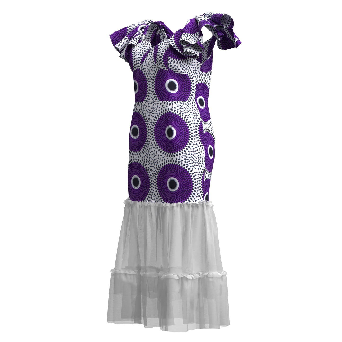 African Ankara Print Ruffle Sleeve Mermaid Dress with Sheer Mesh Hem