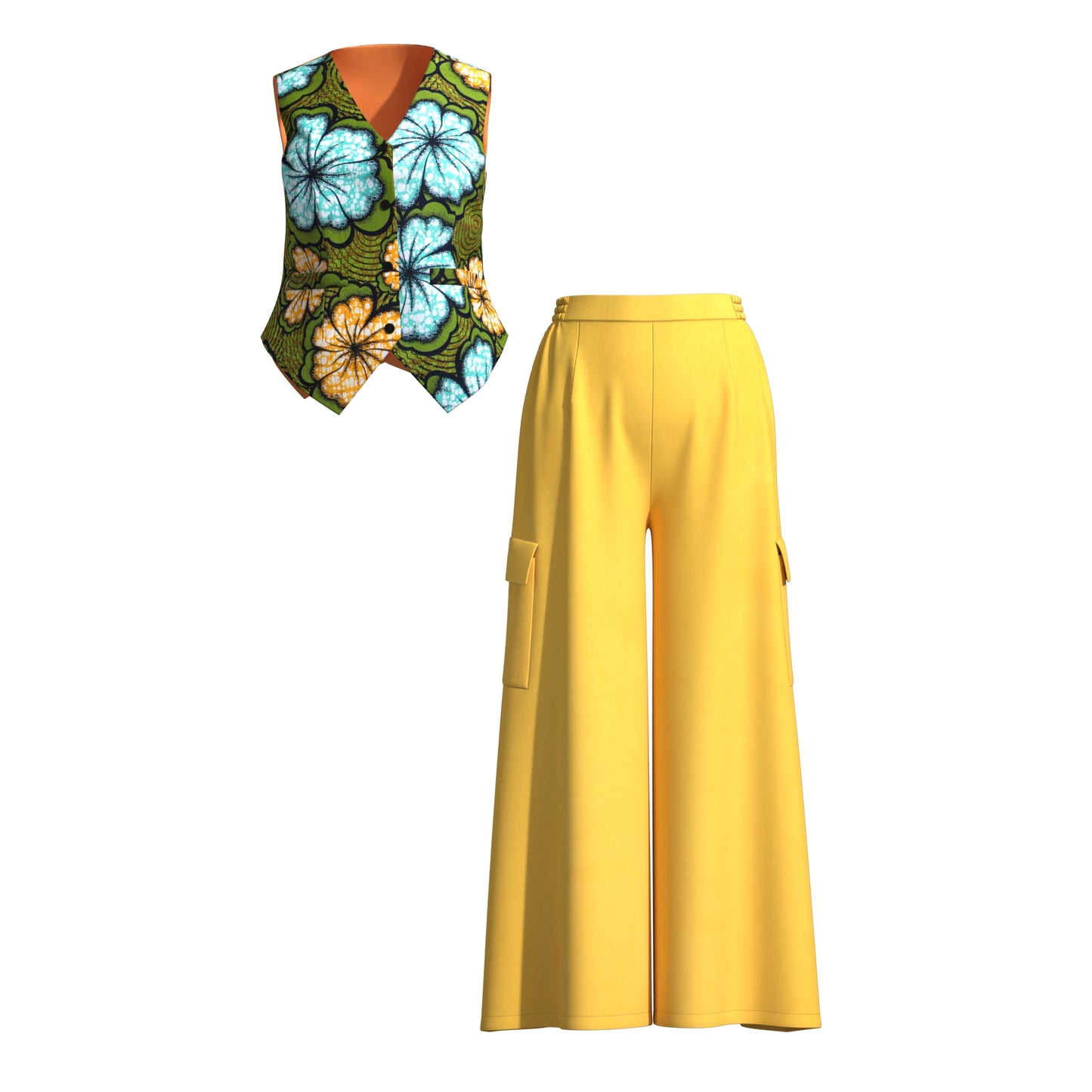 Ankara Print V-Neck Vest and Cargo Pocket Wide Leg Pants Set