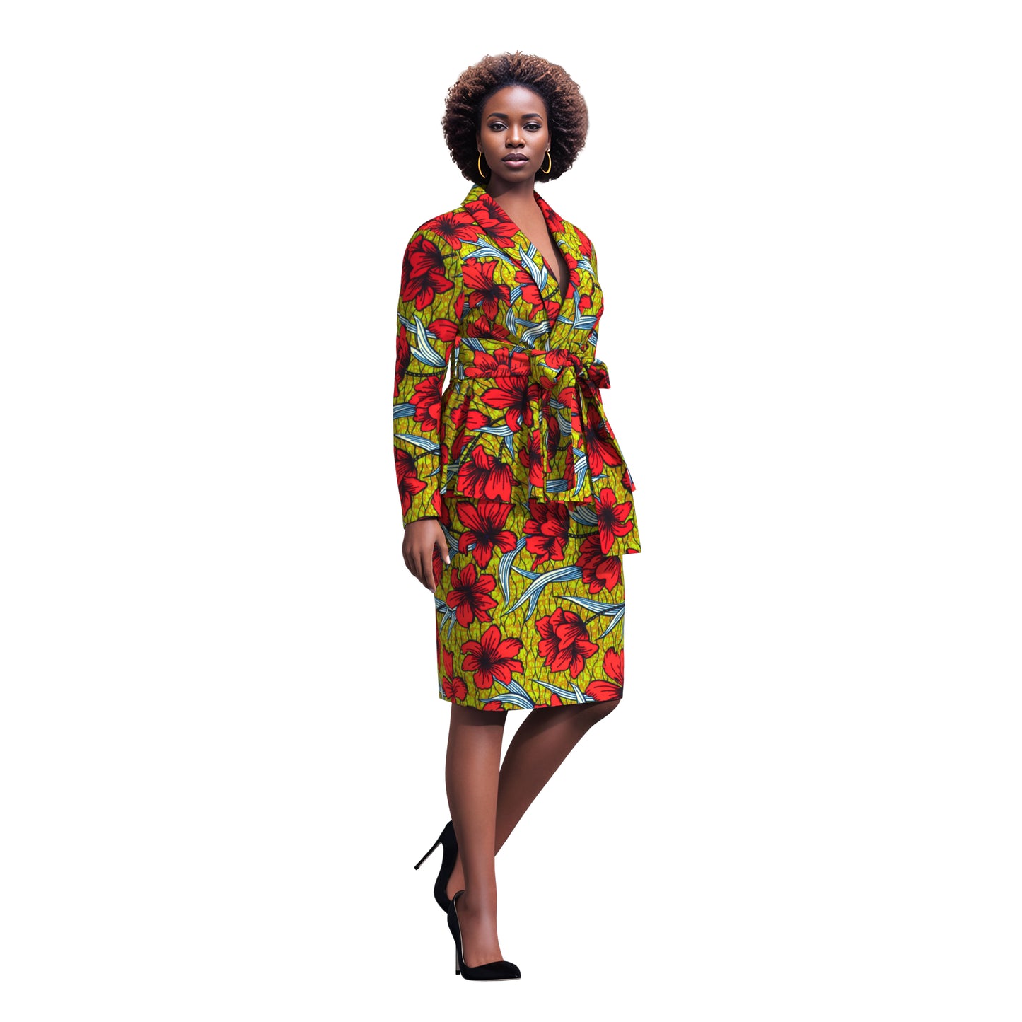 Women's African Floral Print Set Peplum Top & Skirt Suit with Belt Wedding Guest Outfit