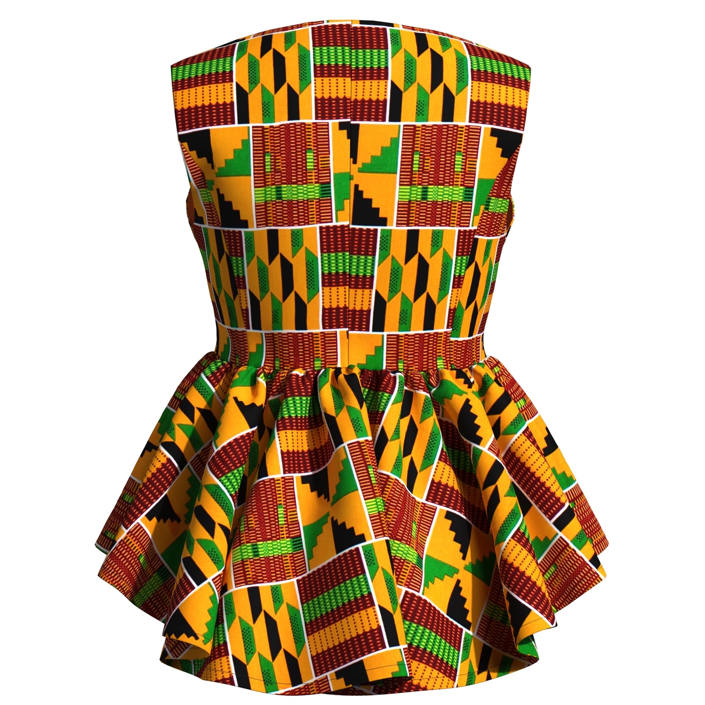 Handmade African Wax Print Sleeveless Peplum Blouse with Ruffle Detail