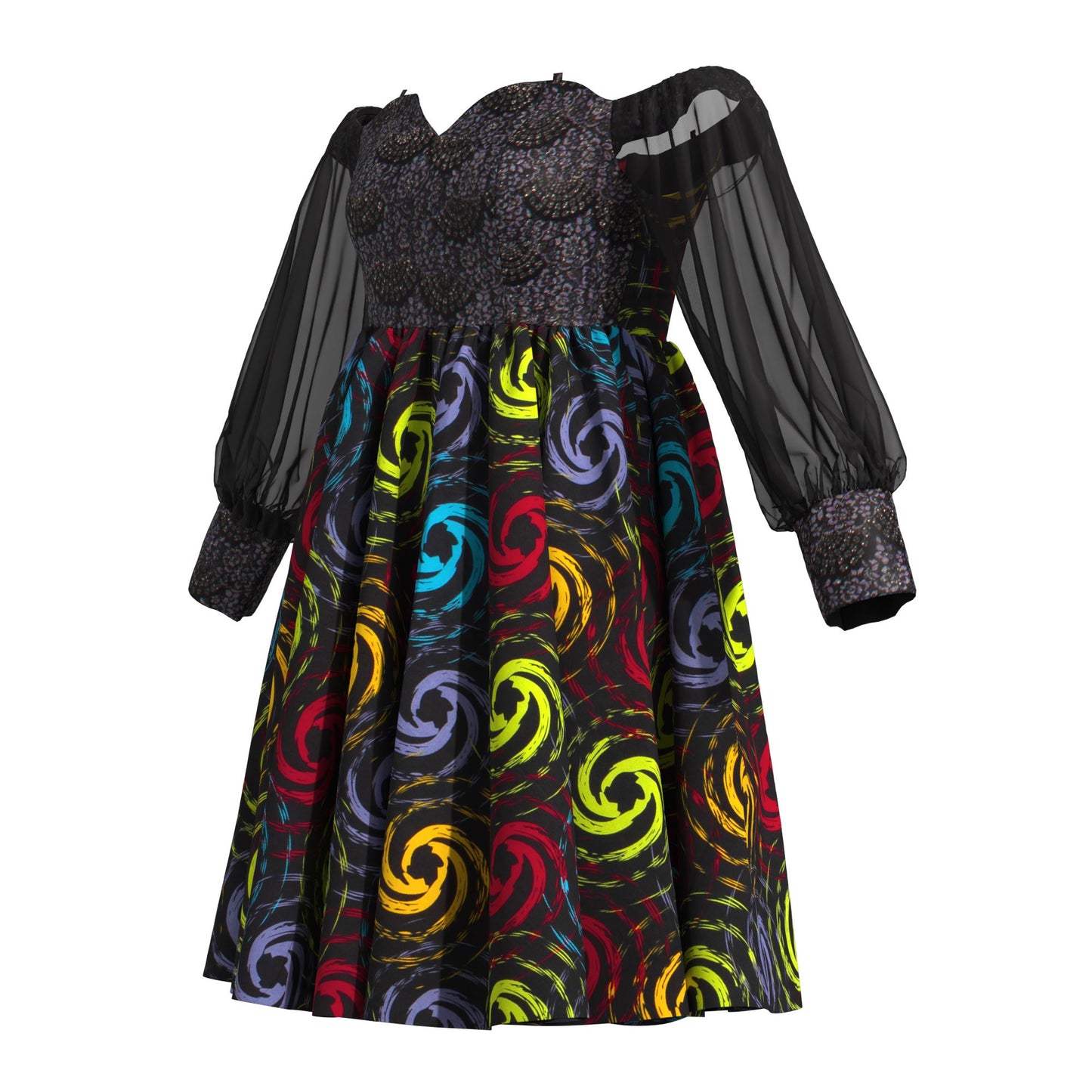 African Print Sequin Off Shoulder Mesh Sleeve A-Line Dress