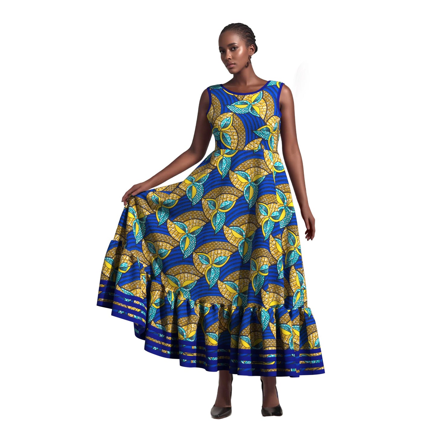 Women Ankara Wax Print Sleeveless Maxi Dress Ruffle Hem Strip Trim African Flared Long Occasion Gown