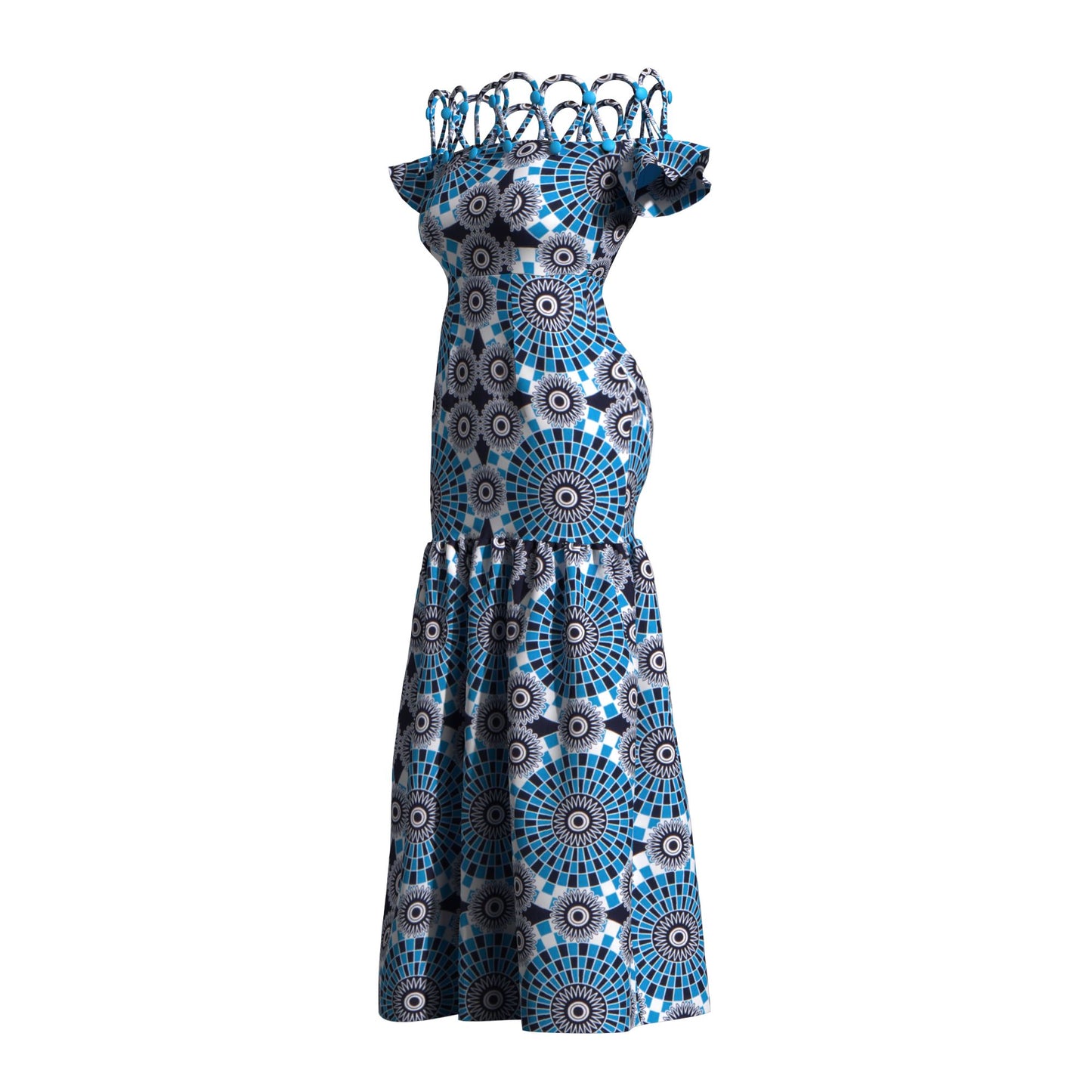 Women's African Print Off-Shoulder Maxi Dress | Rope Strap Detail | Ankara Ruffled Hem Gown