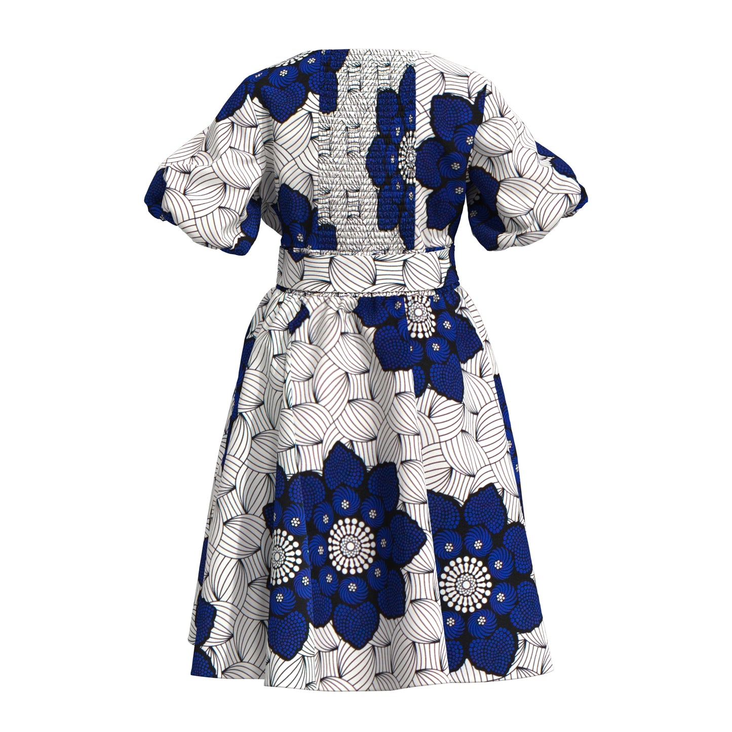 African Print Smocked Waist A-Line Midi Dress with Belt