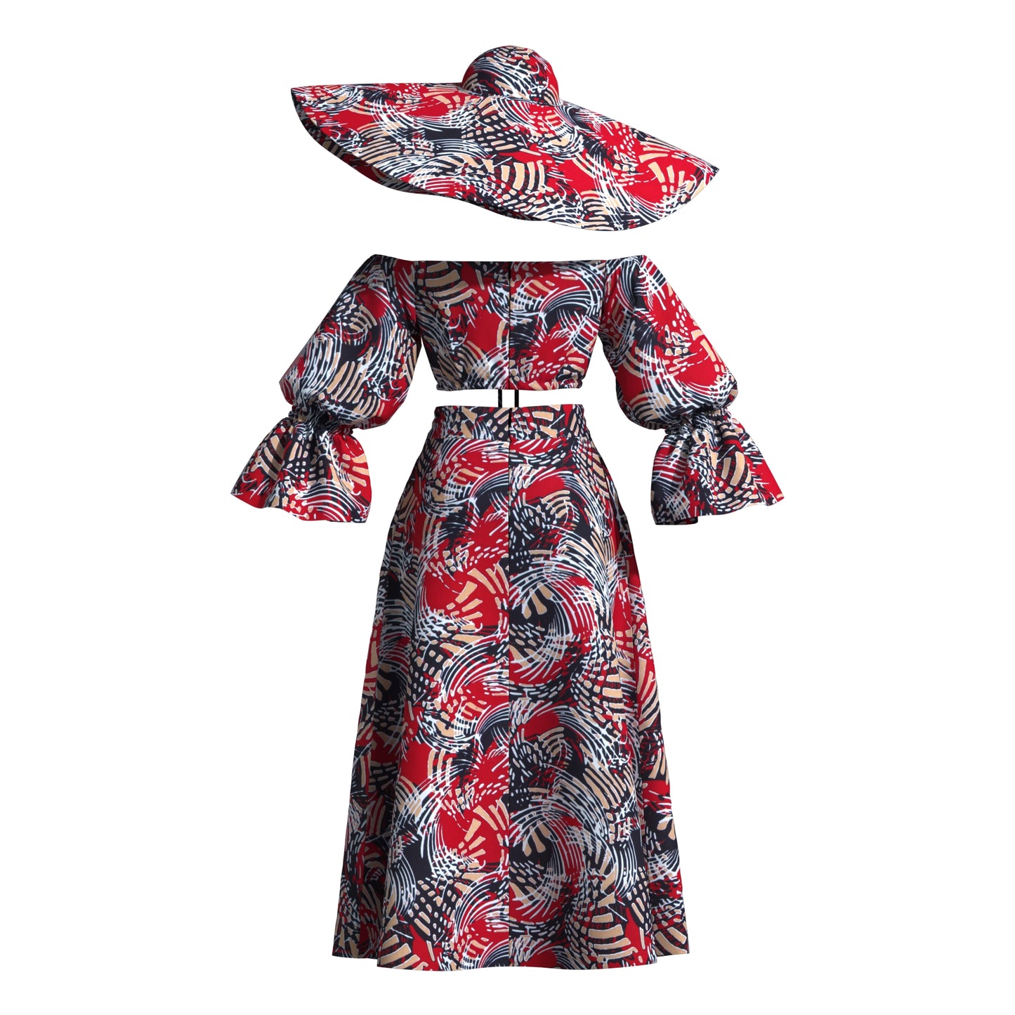 Vibrant African Wax Print Off-Shoulder Skirt Set with Wide Brim Hat – Afrocentric Circular Print Outfit