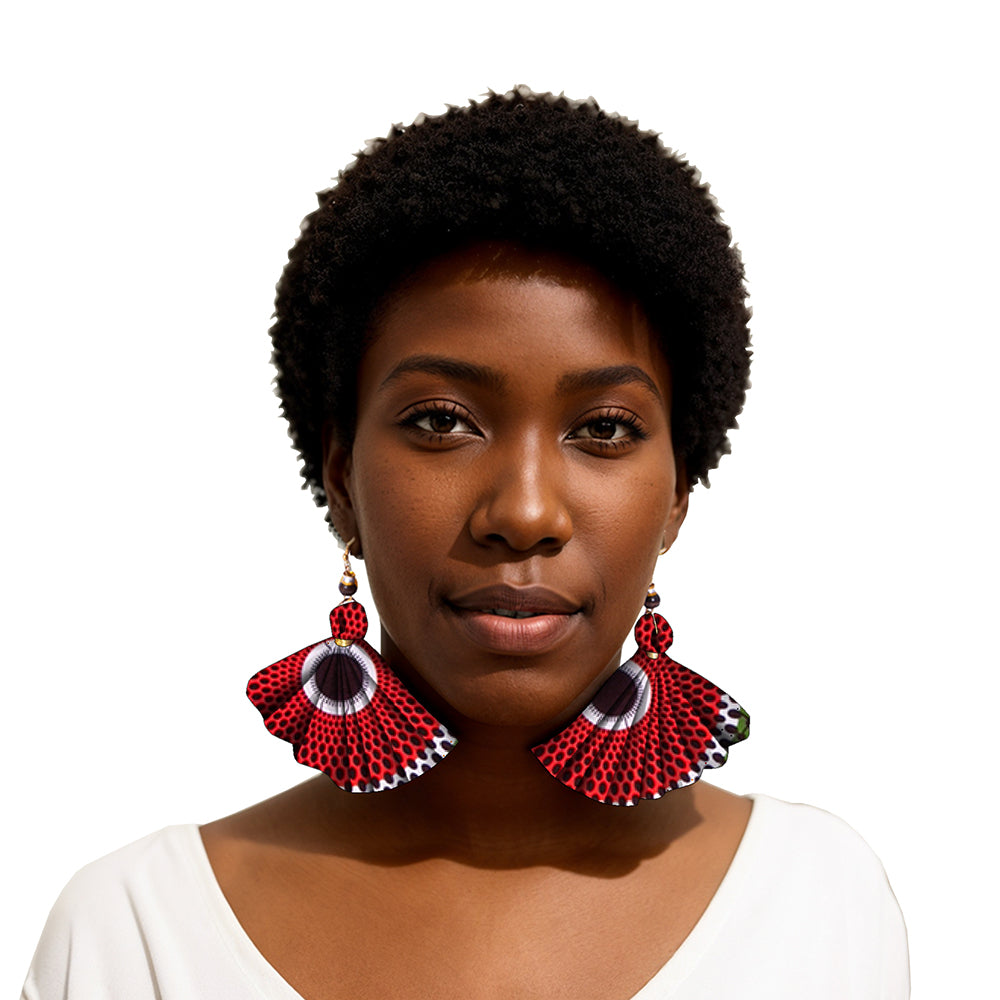 Handmade Fan Earrings with African Wax Print – Wire-Wrapped Cultural Dangle Earrings