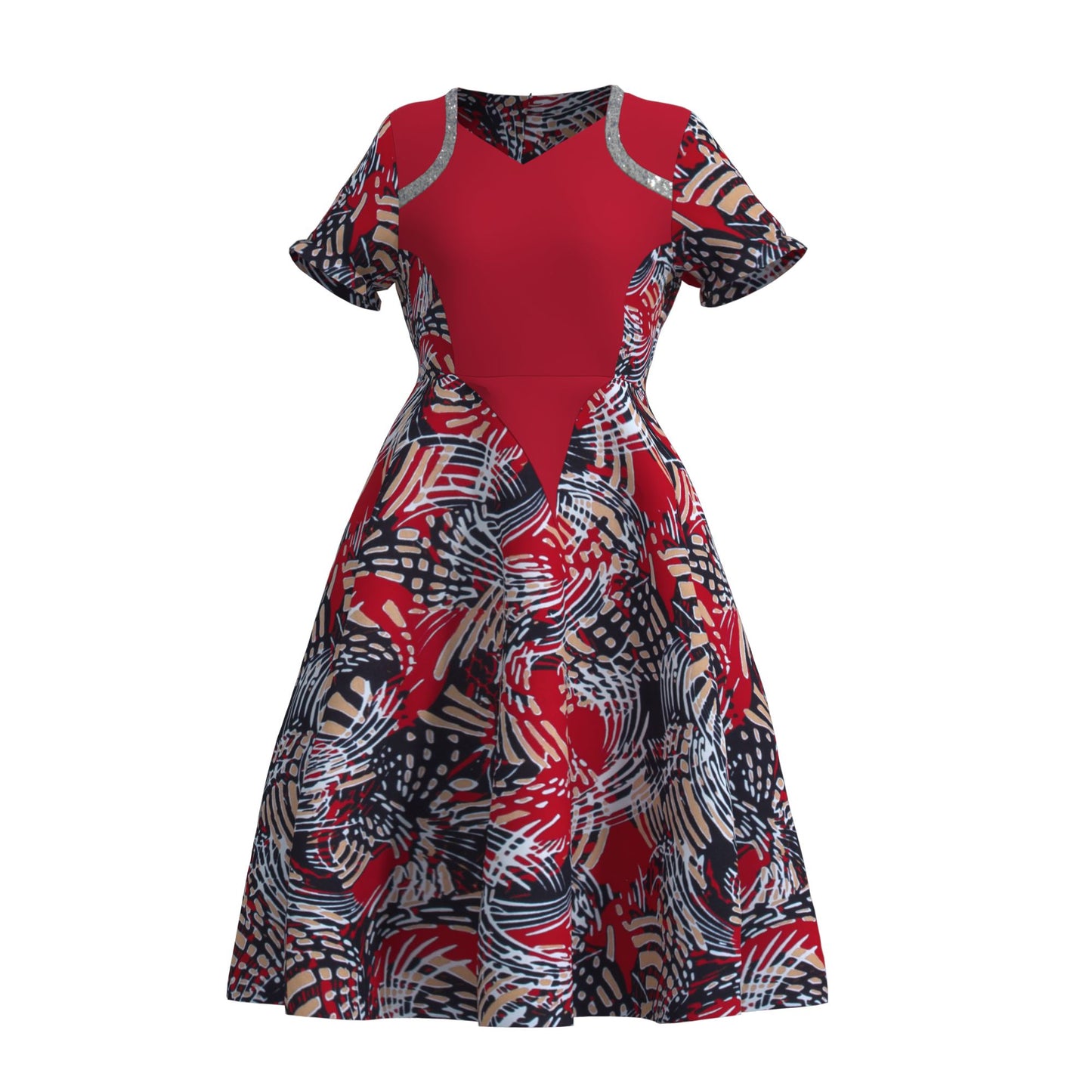 Women's African Ankara Print V-Neck Midi Dress | High-End Patchwork Party Dress