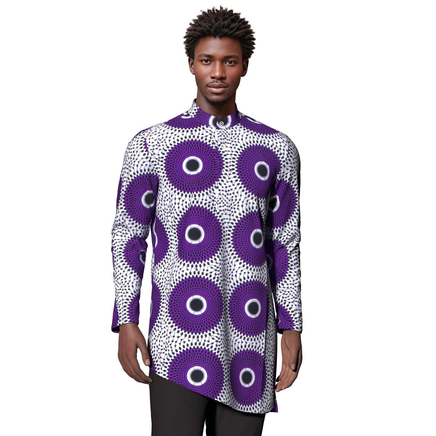 Ankara Print Men’s Mandarin Collar Asymmetric Hem Shirt