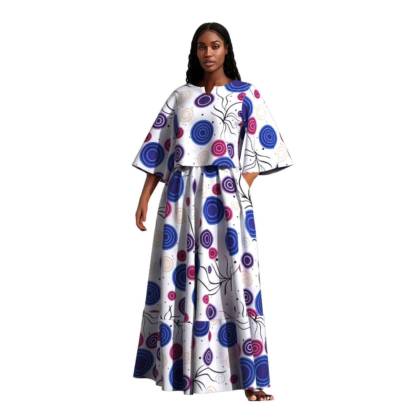 African Print Two Piece Outfit Women Notch Neck Crop Top & Tiered Maxi Skirt Set High Waist Slimming Matching Suit