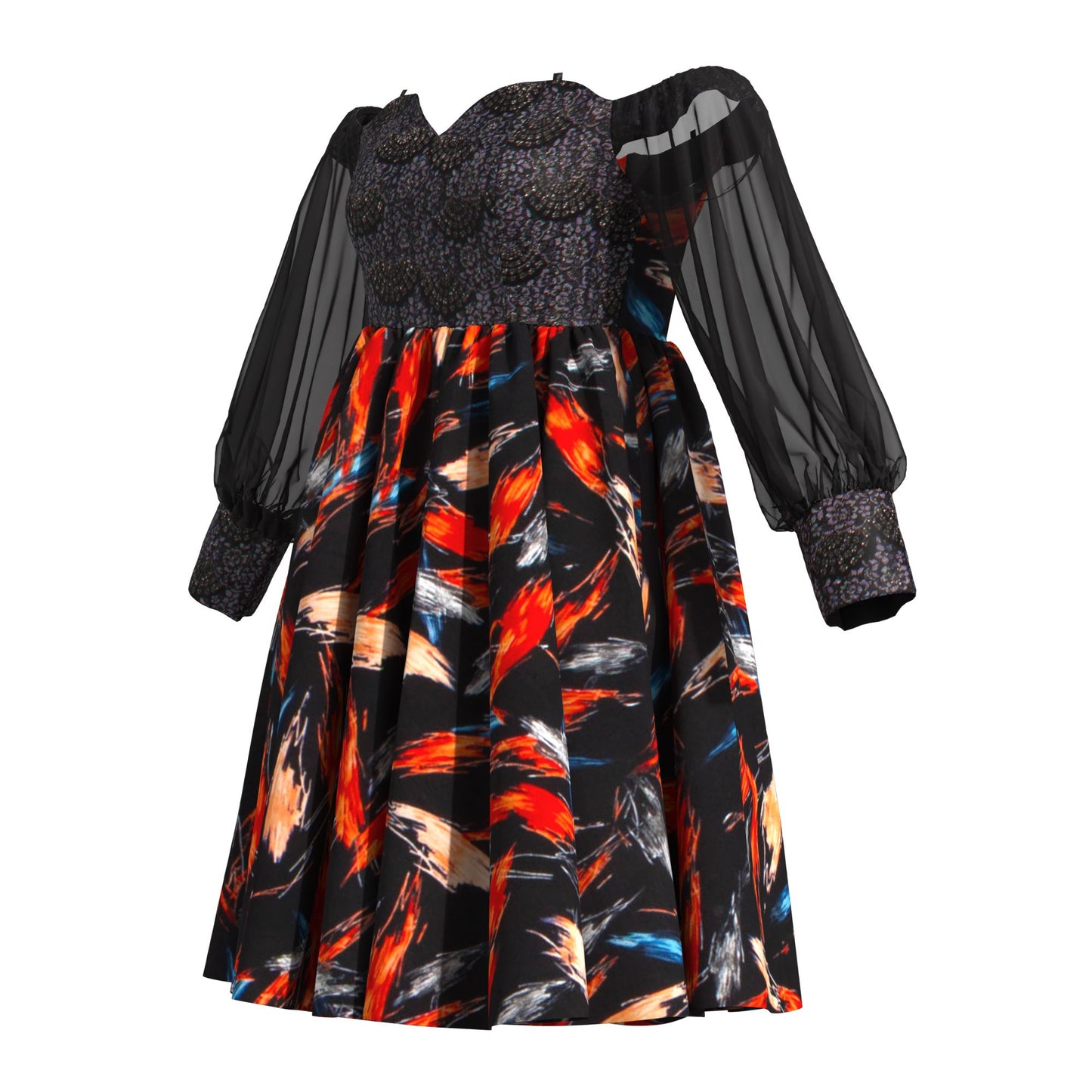 African Print Sequin Off Shoulder Mesh Sleeve A-Line Dress