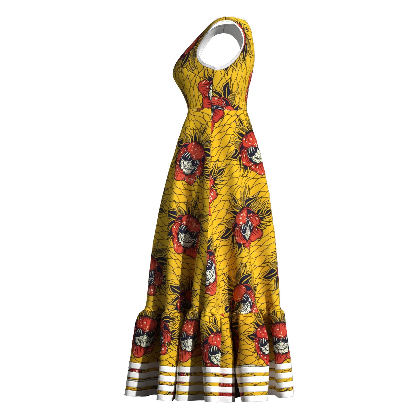 Women Ankara Wax Print Sleeveless Maxi Dress Ruffle Hem Strip Trim African Flared Long Occasion Gown