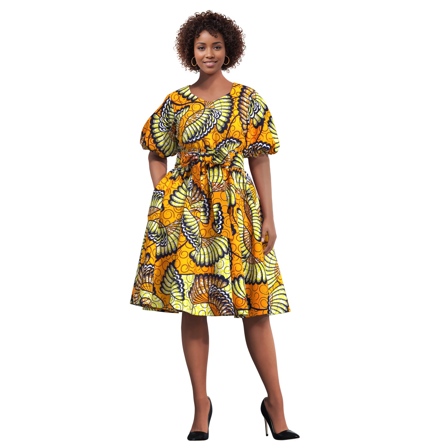 African Print Smocked Waist A-Line Midi Dress with Belt