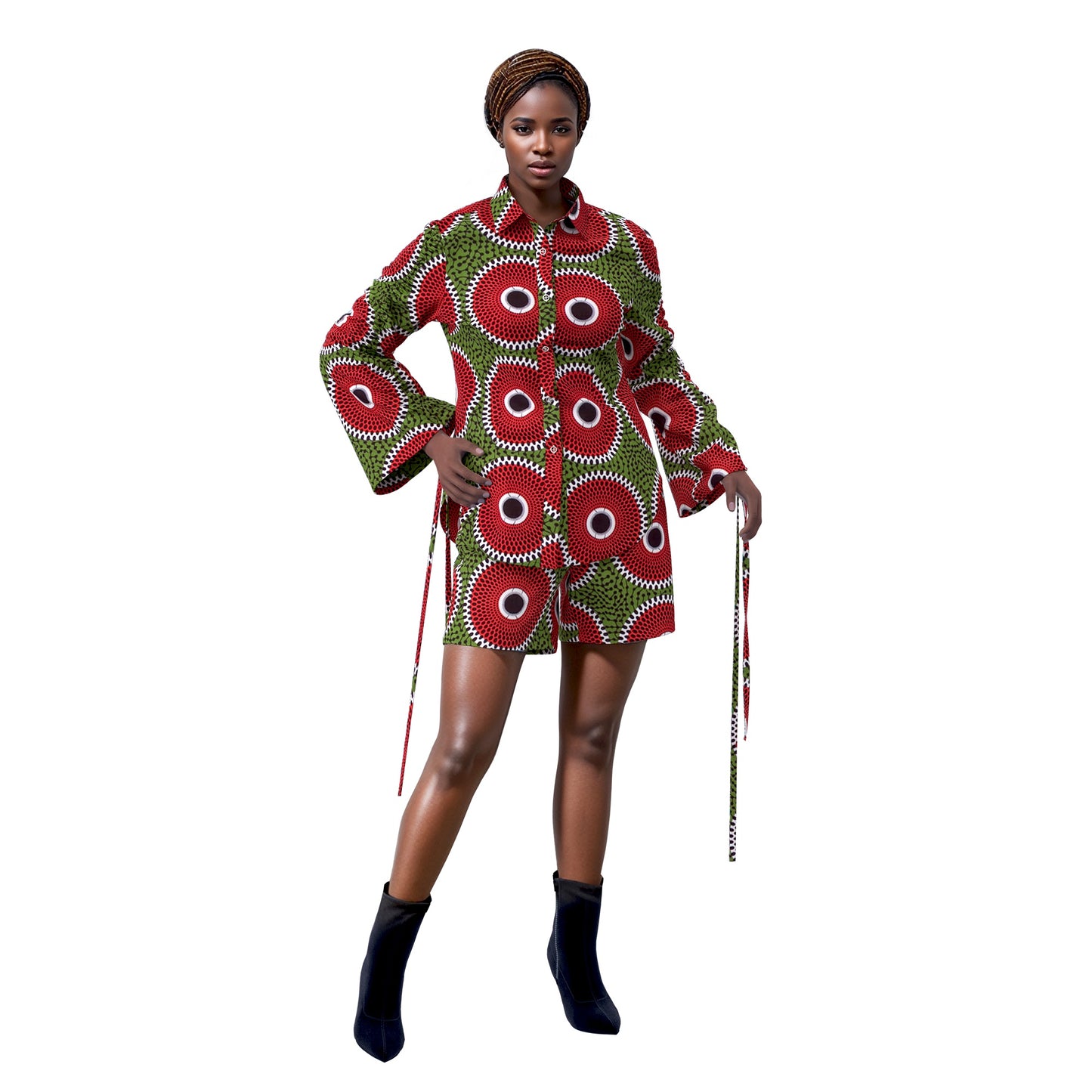 African Print Smocked Sleeve Shirt & Shorts Two-Piece Set