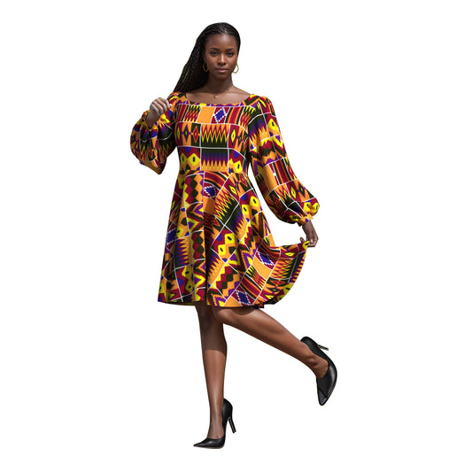 Off Shoulder African Print Puff Sleeve Flare Dress